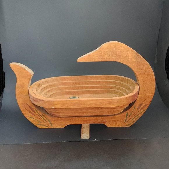 Duck Collapsible Wood Spiral Cut Basket Fruit Bowl Trivet w/ Duck Accent 14.75" - Picture 2 of 9